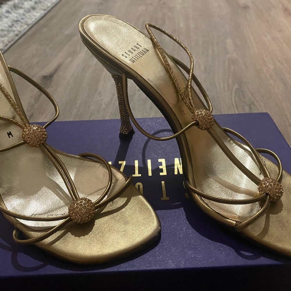 Stuart Weitzman Gold Heels with Elegant Strappy Design